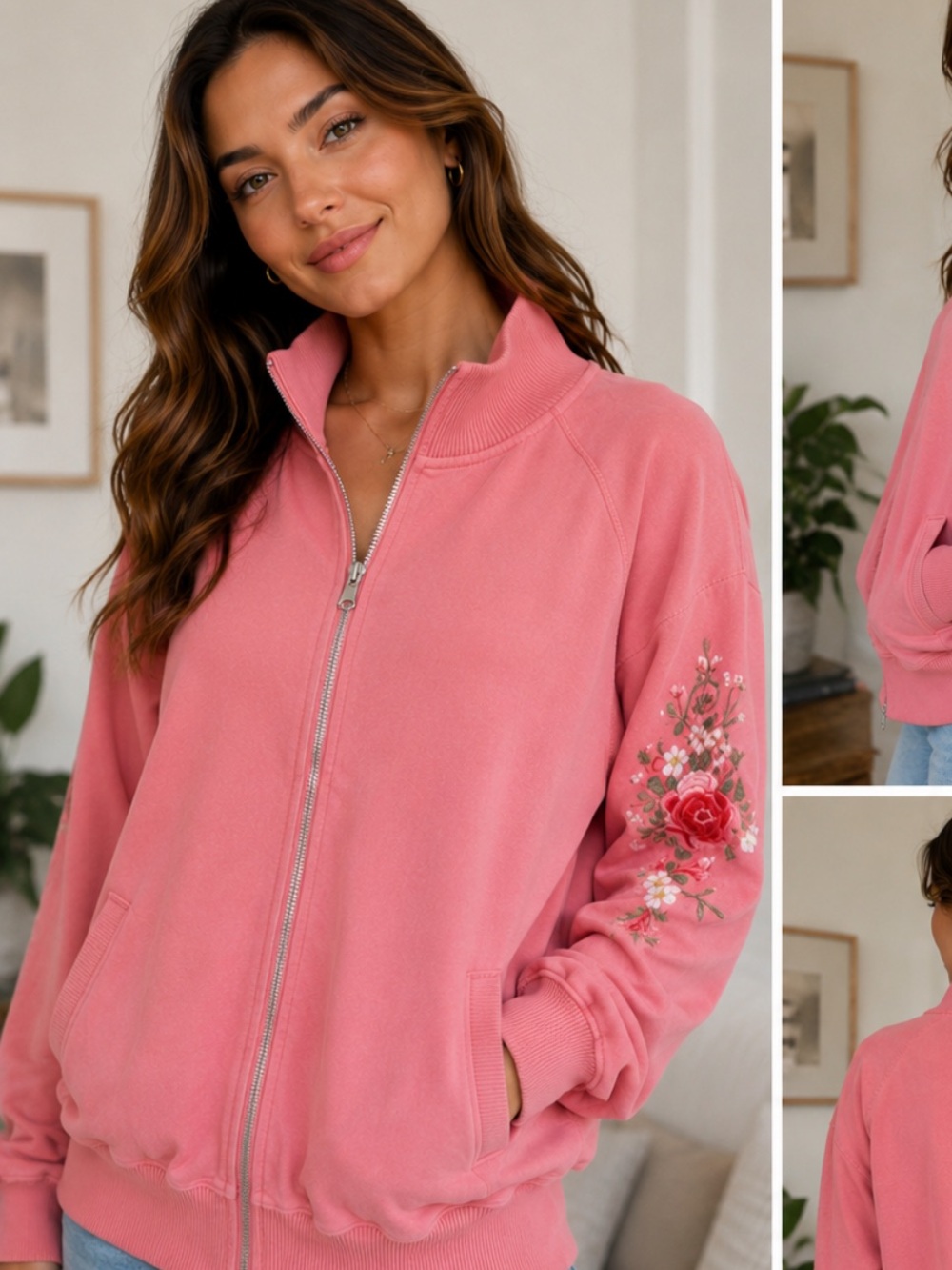 The People’s Square pink embroidered zip jacket floral sleeve BoHo Cottagecore.